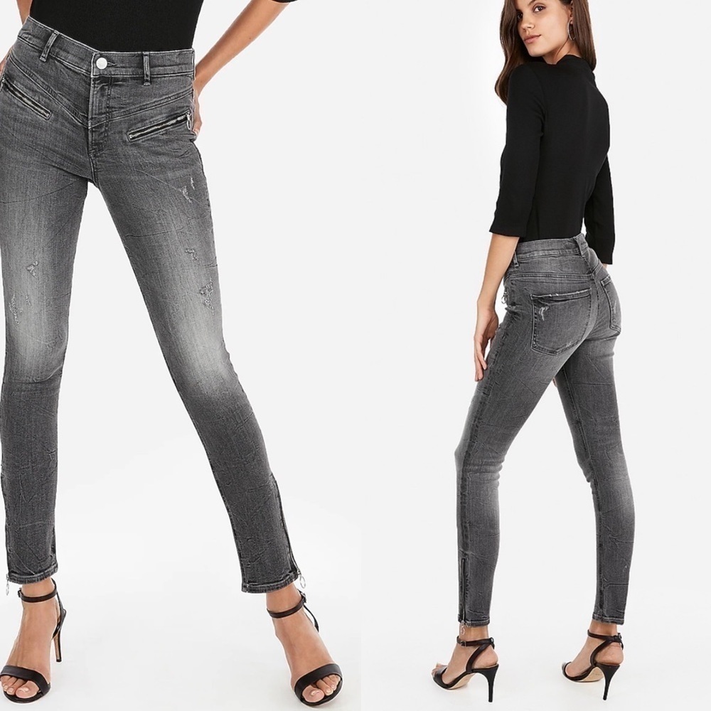 Express High Waisted Skinny Ankle Gray Jeans Zipper Pockets LONG